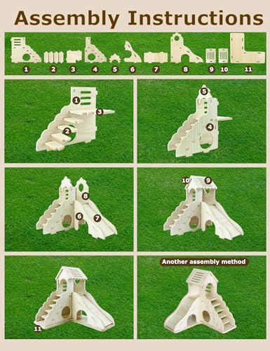 Hamster Hideout Cage Accessories - Hamster House and Habitat Wooden Hide Hut with Climbing Ladder and Slide for Dwarf Gerbils and Mouse Mice Rat Other Small Animals etc.