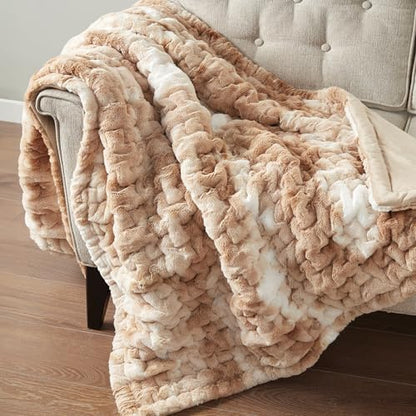 Madison Park Ruched Fur Throw Faux Fur Blanket, 50" x 60", Tan Tie Dye