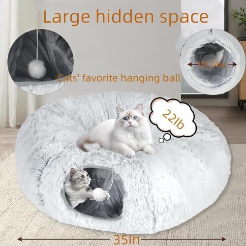 Large Cat Tunnel Bed for Indoor Cats with Hanging Pompom Toys