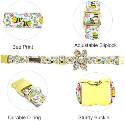 Dog Collar with Flower-Cute Bee Adjustable Pet Collar Soft Pink Flower Spring Cotton Puppy Collar Metal Buckle for Small Dogs
