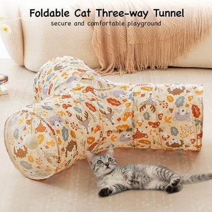 Tempcore Cat Tunnel, 3-Way Collapsible Toy for Indoor Cats, Beige Deer