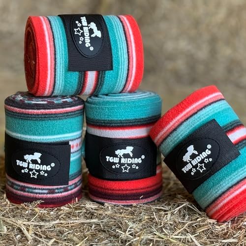 Horse Polo Leg Wraps, Equine Fleece Polo Wraps (Set of 4) - Horse Leg Bandages (Spring Green/Red)