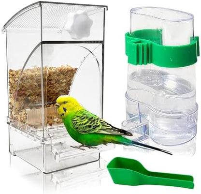Hamiledyi No Mess Bird Feeders Water Dispenser Set Automatic Parakeet Cage Feeder with Perch Transparent Acrylic Container Parrot Cage Accessories for Canary Budgie Lovebirds Finches