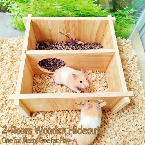Wooden Hamster Hideout House,Gerbil Hide Hut with Climbing Ladder Platform,Dwarf Syrian Hamster Hideaway Cave Cage Accessories Habitats Decor for Rat Mice Mouse and Other Small Pets