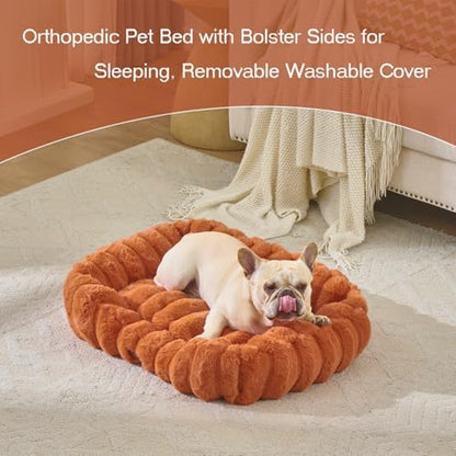 Luxury Dog Beds,Large Sized Dog Washable Furry Pet Beds,Comfort Rectangle Pet Sofa Couch with Ultra,Puppy Beds with Removable Zipper Cover,30x25x7.5inches,Burnt Orange