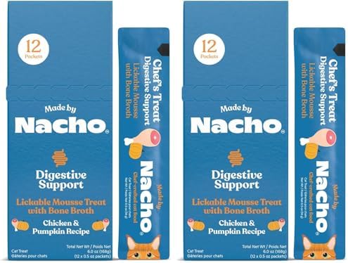 Made by Nacho Digestive Mousse Sachets, Lickable Cat Treats, 12 Count with Bone Broth, 0.5 oz, No Grains, Corn, Wheat or Soy (Pack of 2)