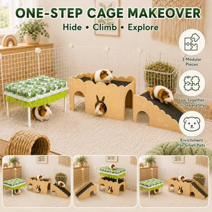 3-in-1 Guinea Pig Hideout Bottomless with Ramp Wood Guinea Pig Accessories