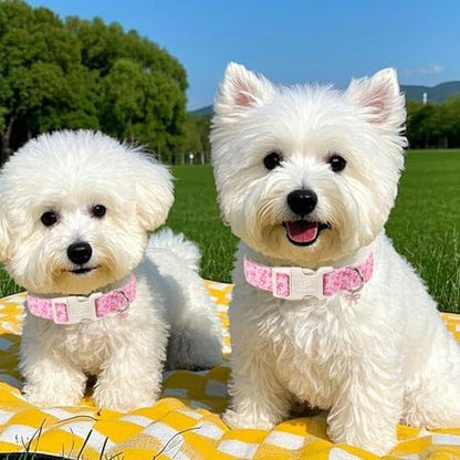 Pink Bow Dog Collar | Cute Aesthetic Cotton Collar | Soft Girl Puppy Collar | Adjustable Small Medium Dog Collar | Coquette Pet Style