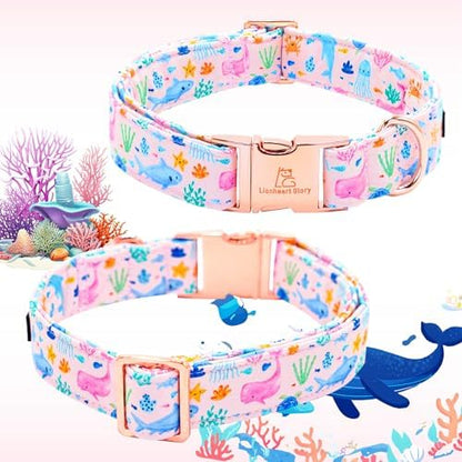 Lionheart glory Dog Bow Collar Sea Animals Print Pink Dog Collar for Medium Dogs,Female Male Dog Collars with Bowtie Spring Summer Collars Soft Adjustable Pet Collar Bows