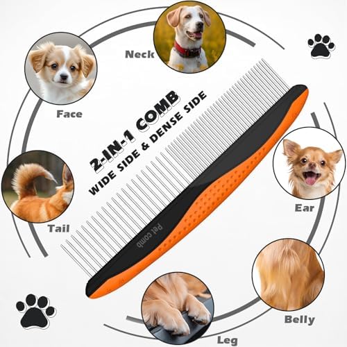 3PCS Pet Grooming Rake & Metal Comb & Flea Comb for Cats and Dogs, Double-Sided Dematting Tool, Extra-Wide Deshedding Dog Brush for Long Hair to Effectively Remove Tangles, Knots and Mats (Orange)