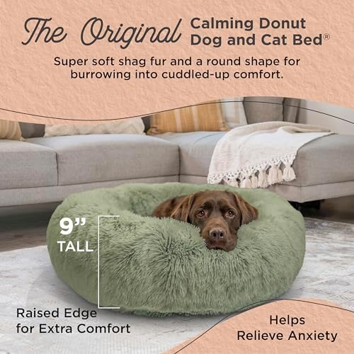Best Friends by Sheri The Original Calming Donut Dog Bed for Large Dogs up to 100 lbs, Shag Faux Fur, Sage Green, Large, 36" x 36"