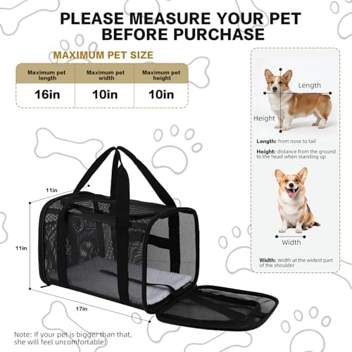 Dog Carrier Pet Carrier for Small Medium Cats Dogs Puppies up to 16 Lbs, TSA Airline Approved, Soft Sided, Collapsible Cat Bag Carrrier (Black, 17 * 11 * 11)