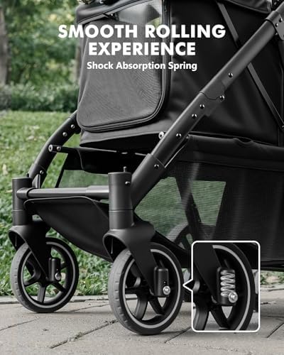 Medium Dog Stroller, Foldable Pet Stroller with Adjustable Handle & No Zip Entry, Storage Basket & Cup Holder, Canopy, Mesh Windows, Ideal for Medium Dogs and Cats Up to 50lbs, Black