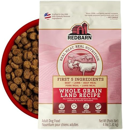 Redbarn Whole Grain Adult Dry Dog Food Kibble - Land Beef Recipe - Made in USA No Chicken Recipe with Functional Ingredients to Support Healthy Heart, Skin, Coat, Immunity & Digestion - 4lb