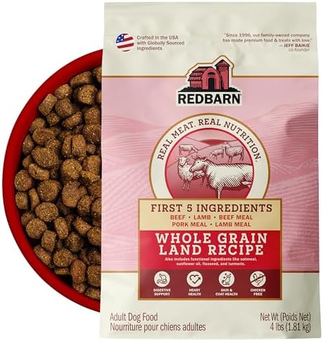 Redbarn Whole Grain Adult Dry Dog Food Kibble - Land Beef Recipe - Made in USA No Chicken Recipe with Functional Ingredients to Support Healthy Heart, Skin, Coat, Immunity & Digestion - 4lb