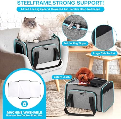 Pet Carrier, Large Soft Sided Expandable Travel Carrier with Steel Frame, Anti-Scratch Mesh, Removable Fleece Pad and Pockets for Cats, Dogs and Small Animals up to 15 lbs (Gray, 5 Sides Expandable)