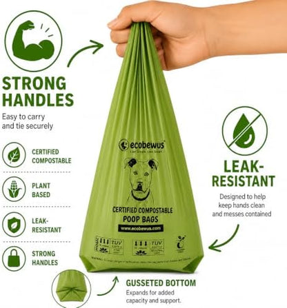 Certified Compostable Handle-Tie Dog Waste Bags (240 Bags), 16 Refill Rolls, Plant-Based Cornstarch, ASTM D6400 & EN 13432, TÜV OK Compost HOME Certified