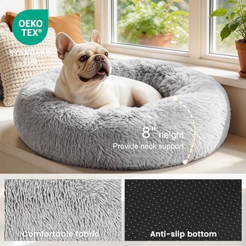 Love's cabin Calming Cat Bed for Indoor Cats, Anti-Anxiety Donut Round Dog Bed,Fluffy Faux Fur Washable Pet Bed for Small Medium Dogs and Cats, Grey, 24in