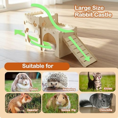 Large Rabbit Castle, Wooden Bunny House,Detachable Rabbit Hideaway, Indoor Hamster Castle with Ramp, Small Animal Houses & Habitats for Guinea Pig Chinchilla Ferret(2 House)