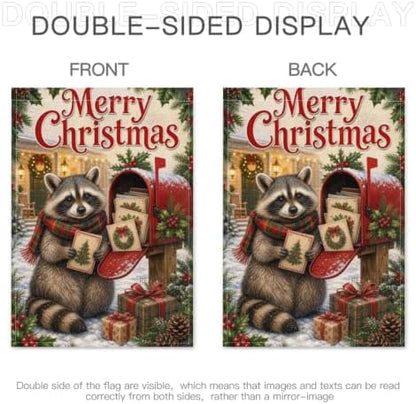 Christmas Raccoon House Flag 28x40 Inch Merry Holiday Mailbox Cards Scarf Gifts Snowy Rustic Farmhouse Outdoor Yard Lawn Porch Double Sided Banner Winter Welcome Decor