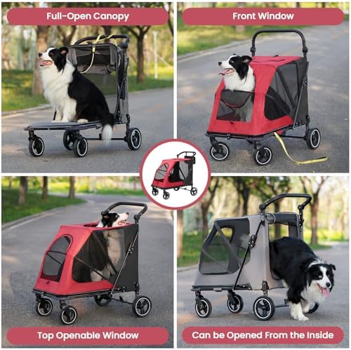 Dog Stroller for Large/Medium Dogs,Pet Stroller Up to 176 lbs,Extra Large Foldable Stroller for 2 Dogs Cats,Full-Open Sunshade Canopy,Adjustable Handle(Red)