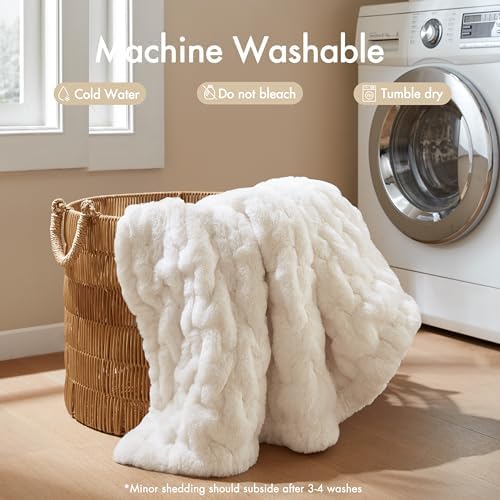 Madison Park Ruched Fur Luxury Throw Premium Soft Cozy Brushed Long Faux Fur For Bed, Couch or Sofa , 50x60" , Ivory