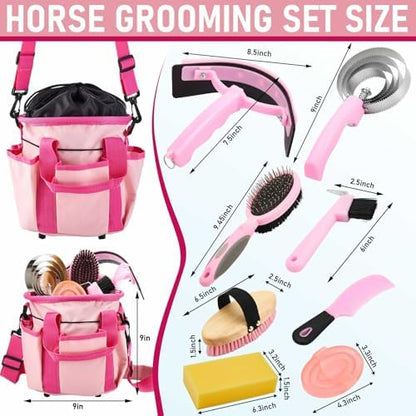 Cunhill 9 Pcs Horse Grooming Kit Tack Room Supplies, Classic, Pink