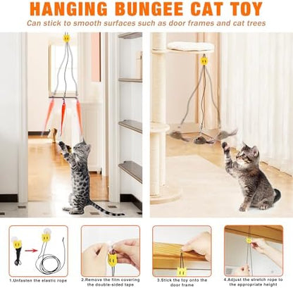 JXFUKAL Interactive cat Toy, Automatic Cat Wand Toy with Stable Wooden Base, 2 PCS Detachable Cat Teaser, 5PCS Refills Replacement & Hanging Elastic String, Kitty Kitten Toys Feather Spring Bird Toy