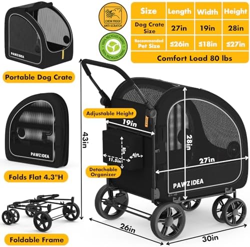 PAWZIDEA 3-in-1 Large Dog Stroller with Detachable Carrier, 45% Extra Tall