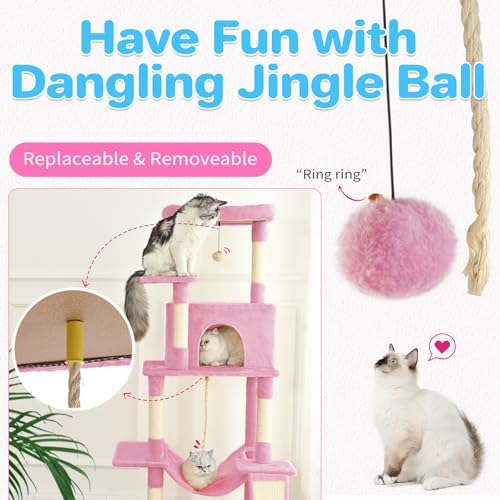 ABCPET Cat Tree Tower 63in Multi-Level Cat Tower for Indoor Cats with Sisal Scratching Posts, Condo, Hammock, Dangling Ball and Extended Platform for Cats to Play, Pink