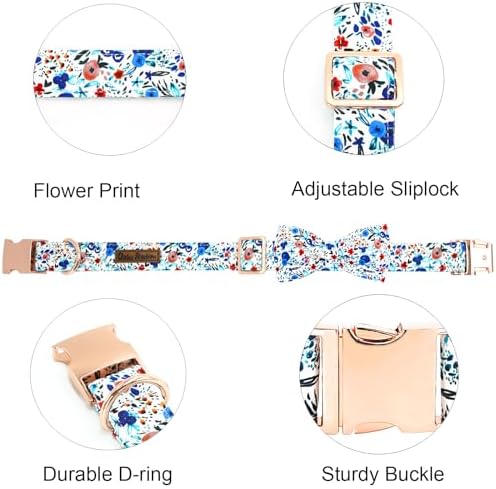 Dog Collar-Flower Print Adjustable Cute Pet Collar Soft Blue Floral Dog Collars with Bow Tie Durable Cotton Metal Buckle Puppy Collar Gift for X-Small Dogs