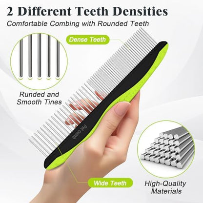 2PCS Self Cleaning Slicker Brush & Dog Comb - Skin Friendly Deshedding Grooming Tool for Dogs, Cats and Small Animals, Professional Deshedding Dematting Tool for Long and Short Haired Pets (Green)