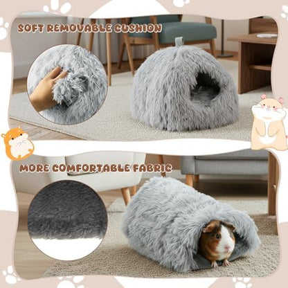 2 Pack Guinea Pig Hideout Bed with Tunnel, Large Soft Plush Cozy House, Washable Hideaway for Guinea Pigs and Small Animals(Style 1)