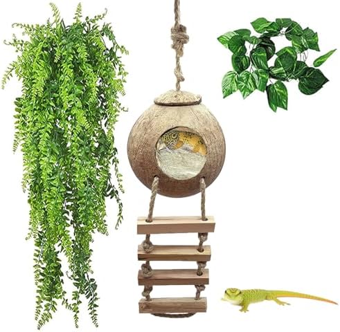 kathson Leopard Gecko Coconut Husk Hut Reptile Habitat Accessories Hideout Hole Climbing Ladder Bendable Hanging Plants Sleeping Hiding Breeding Apply to Amphibians and Small Animals