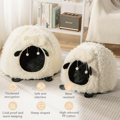 Cute Cat Bed Cave for Indoor Sheep Shaped Pet Plush House Self-Warming Nest Small Dogs Rabbits with Removable Cushion for Puppy Bed with Hanging Toy