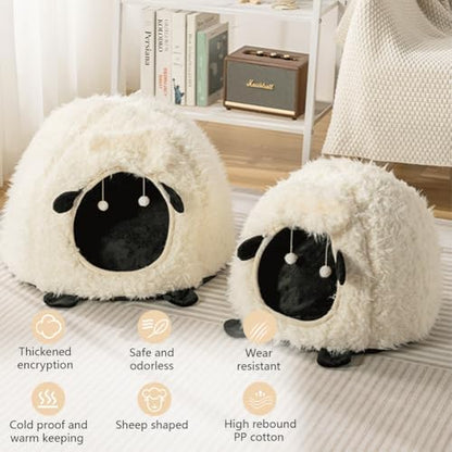 Cute Cat Bed Cave for Indoor Sheep Shaped Pet Plush House Self-Warming Nest Small Dogs Rabbits with Removable Cushion for Puppy Bed with Hanging Toy