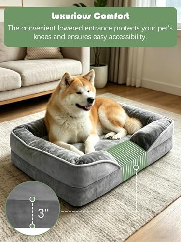 Spotted Play Orthopedic Dog Bed with Sides - Dog Sofa Beds for Extra Large Dogs, Supportive Foam Pet Couch Bed with Washable Removable Cover, Waterproof Lining and Non-Slip Bottom, Grey - XL-Plus