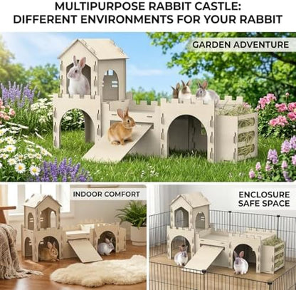 Large Bunny House and Hideouts, Wooden Dual-Layer Rabbit Castle with 4 House Indoor, Sturdy Habitat for Guinea Pig Chinchilla Ferret (Extra Large-4 House with Hay Feeder)