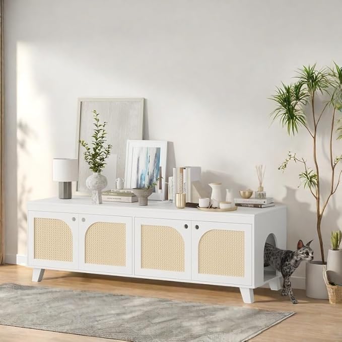 FONTOI Rattan Cat Litter Box Enclosure with Decorated Doors, Wooden Pet Washroom with Two Entrances, Double Hidden Litter House with Non-Slip Feet, Enclosure Furniture Cabinet for Two Cats