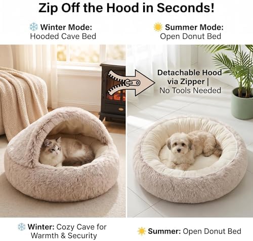 2-in-1 Convertible Cat & Dog Bed Cave with Removable Zipper Hood, Converts to Calming Donut Bed, Reversible Plush & Cooling Ice Silk Cushion (Coffee Color, 28 in Large Size)