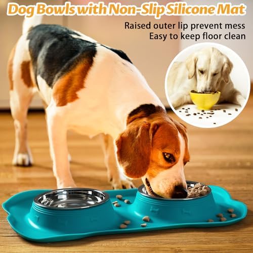 Hubulk Pet Dog Bowls 2 Stainless Steel Dog Bowl with No Spill Non-Skid Silicone Mat + Pet Food Scoop Water and Food Feeder Bowls for Feeding Small Medium Large Dogs Cats Puppies (Large, Green)