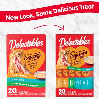 Delectables Squeeze Up Variety Pack, Creamy Squeezable Puree, Lickable Wet Cat Treats, Grain Free, No Added Fillers, No by-Products, No Added Preservatives, 0.5 Ounces Tube, 20 Tubes Total