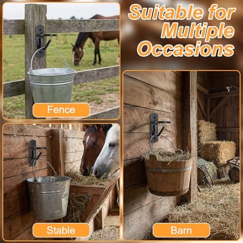 6 Pcs Metal Bucket Hooks for Horses - Heavy Duty Bucket Holder with Ring, Wall Mount Water Hangers for Stall, Barn, Farmhouse Supplies (Black)