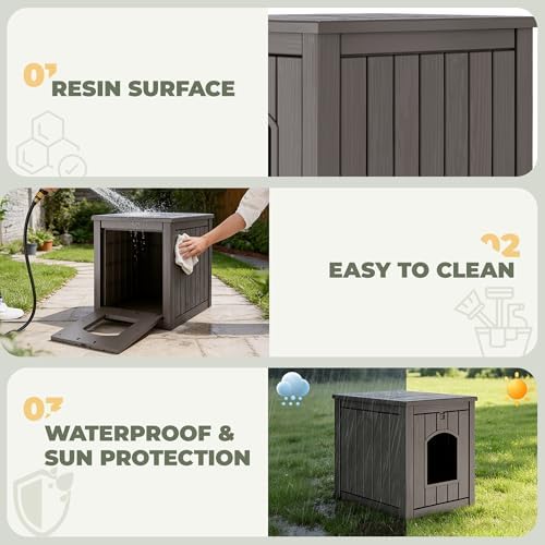 Cat Litter Box Enclosure, Enclosed Cat Litter Box Raised Floor, Openable Front Door Outdoor Cat House Weatherproof, Easy to Clean, Grey