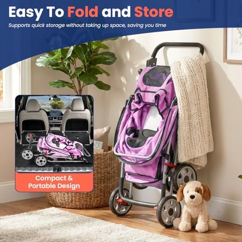 BestPet | 4-Wheel Foldable Pet Stroller | Pink | Lightweight & Portable