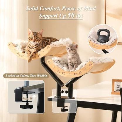 PEQULTI Desk Cat Bed for 2 Cats, 2-Tier 360° Rotating Cat Hammock, Beige