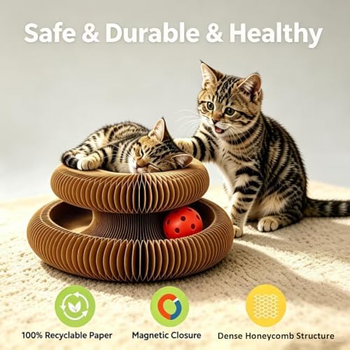 Kitty Curls Cat Toy, Magnetic Magic Organ Cat Scratch Board, Foldable Cat Accordion Toy, Interactive Track Scratcher Pad with Toy Catnip Bell, Durable Eco-Friendly Ring for Play, Chase & Scratch