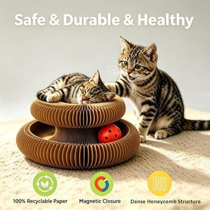 Kitty Curls Cat Toy, Magnetic Magic Organ Cat Scratch Board, Foldable Cat Accordion Toy, Interactive Track Scratcher Pad with Toy Catnip Bell, Durable Eco-Friendly Ring for Play, Chase & Scratch