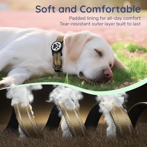 Premium Airtag Dog Collar，with IP68 Waterproof AirTag Holder,Brown,L