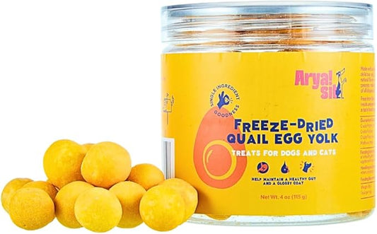 Arya Sit! - Freeze-Dried Single Ingredient Treat (Quail Egg Yolk) for Dogs and Cats - High Protein · Rich in Lecithin for Healthy Coat · No Artificial Ingredients · 4 oz/8 oz